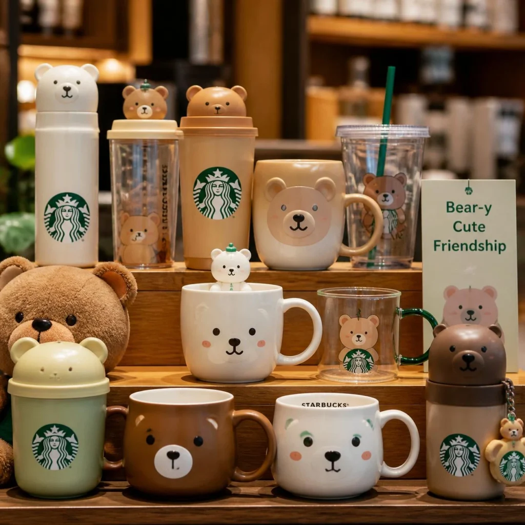 Starbucks Bear Cup beside regular Starbucks tumbler