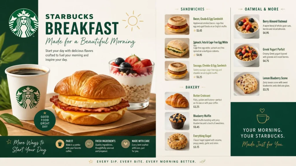 Starbucks Breakfast Menu with sandwiches and bakery items